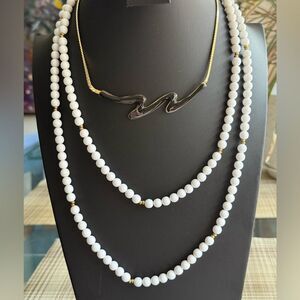 Set of 2 Vintage Necklaces Monet White Milk Glass Beads & Art Deco Necklace.